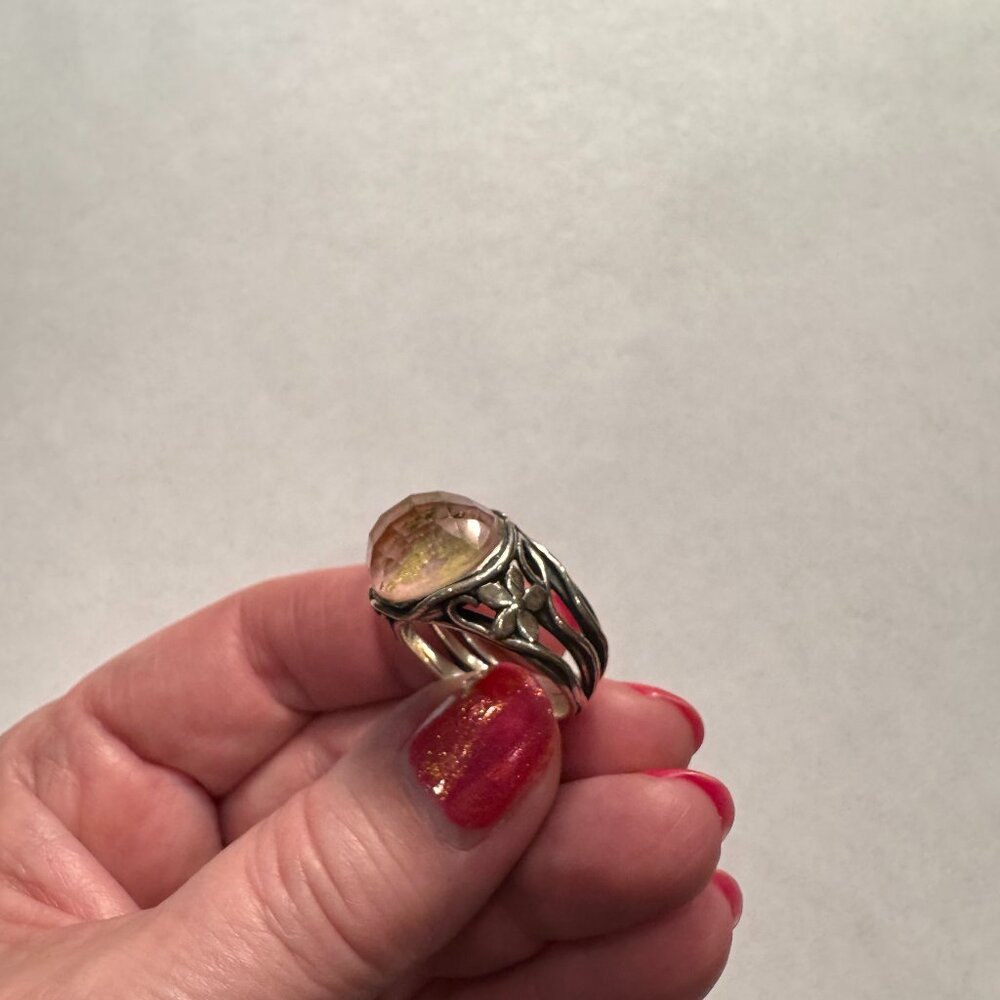 Boho Floral Silver Ring with Pink Faceted Stone - Size 8